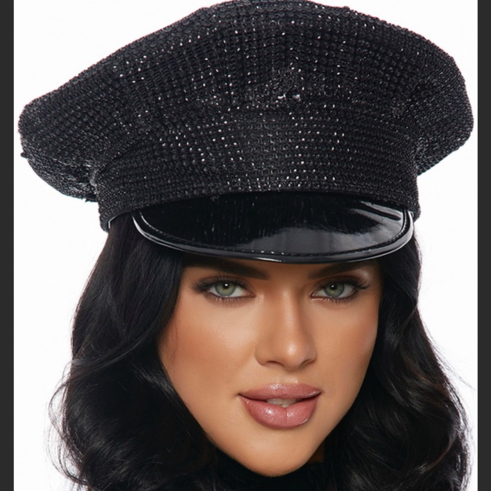 Forplay Rhinestone Captain Hat Shiny Metallic Bling Patrol Dance Costume Black